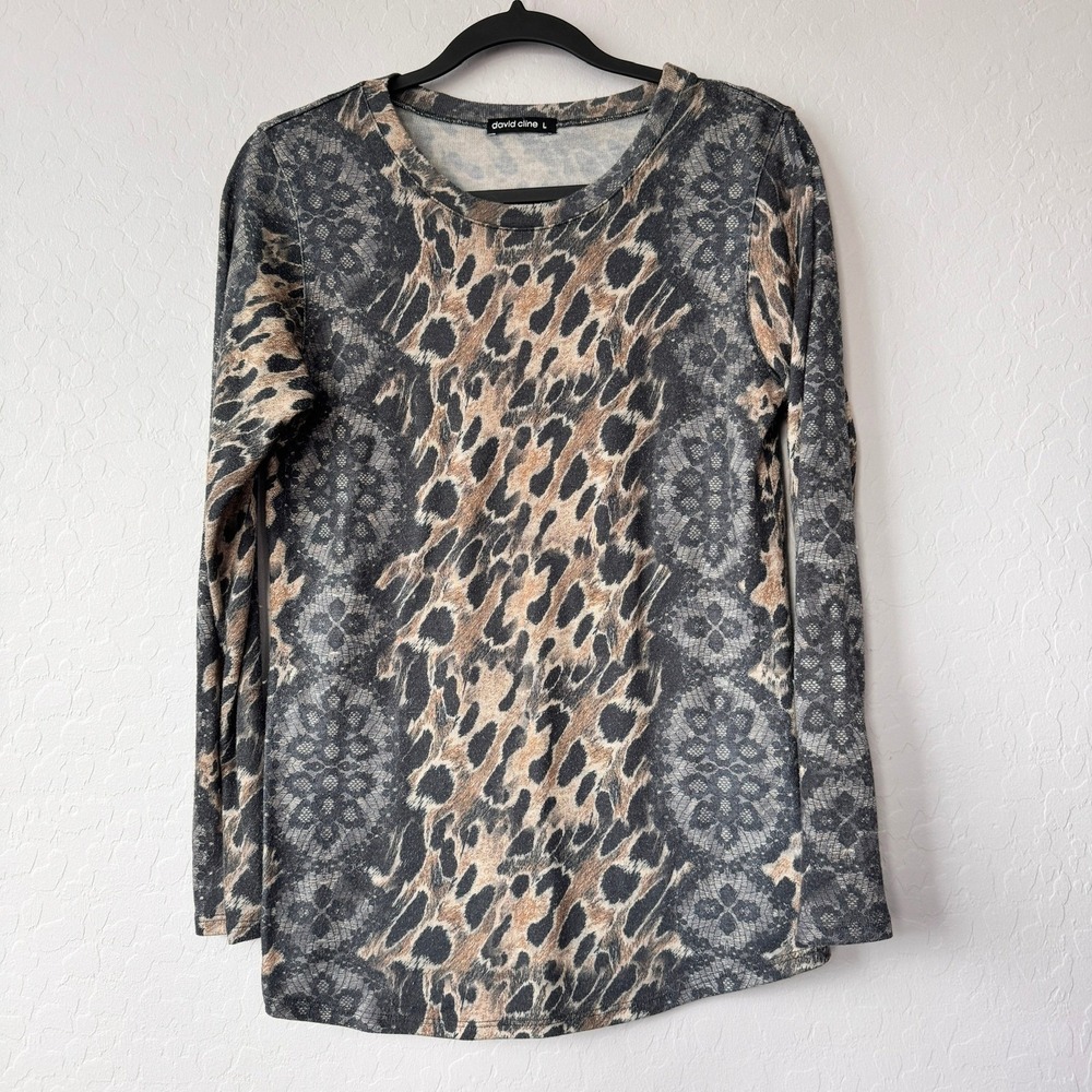 David Cline Large Leopard Print Snake Skin Floral Long Sleeve Top